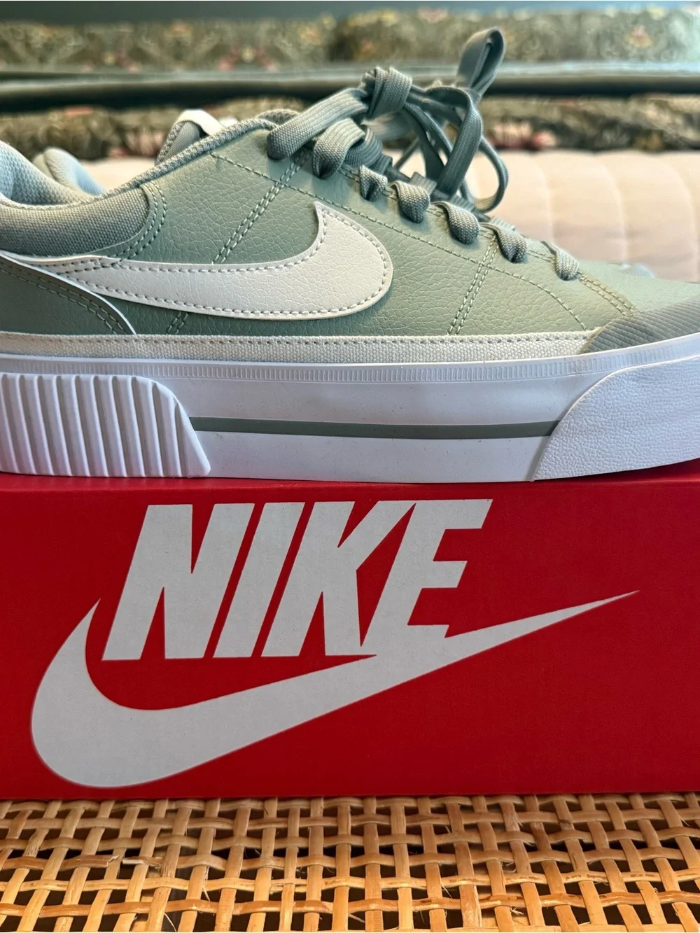 Nike Women's Sage Green Platform Sneakers with White Swoosh and Thick Sole